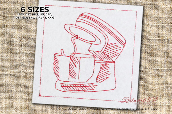 A Redwork Dough Mixer Embroidery for Holiday Kitchen Gifts